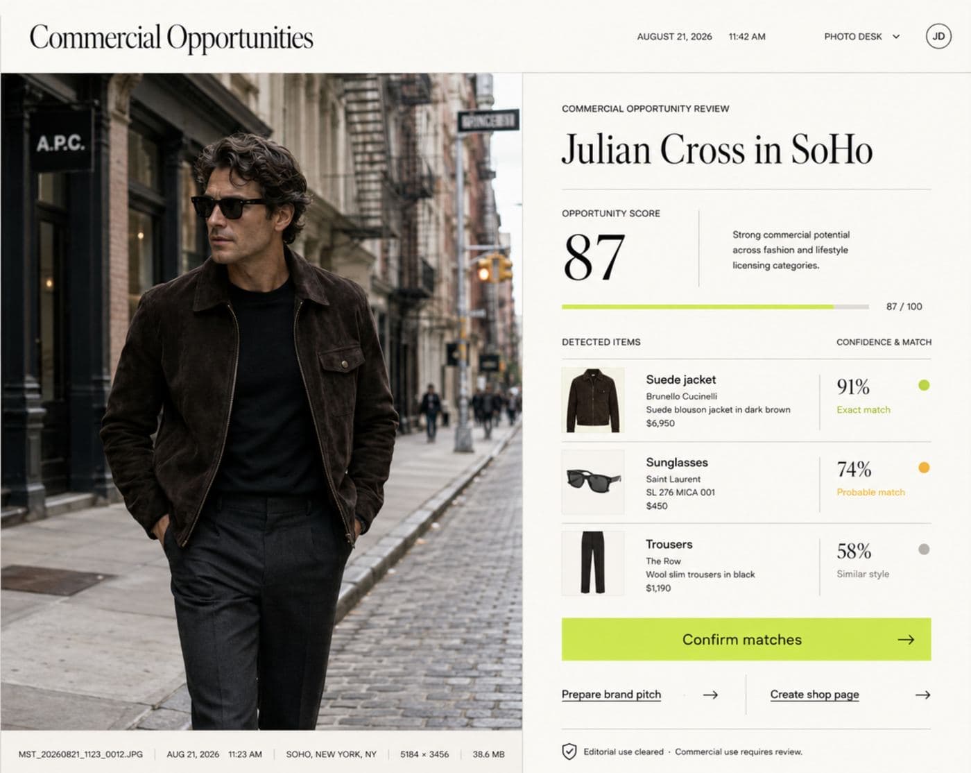 Mastline Commercial Opportunities screen: a photo with detected garments and brands, confidence labels, brand licensing candidates, and a shoppable package with affiliate links and attributed revenue.